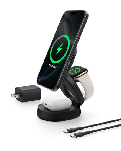 Belkin MagSafe Charger Compatible, 3-in-1 Qi2 15W Wireless Charging Station, Convertible Wireless Charger for iPhone 17, Apple Watch, AirPods, Pixel 10, Phone Stand for Travel w/ 36W Adapter - Black - color: Black, style: 3 in 1