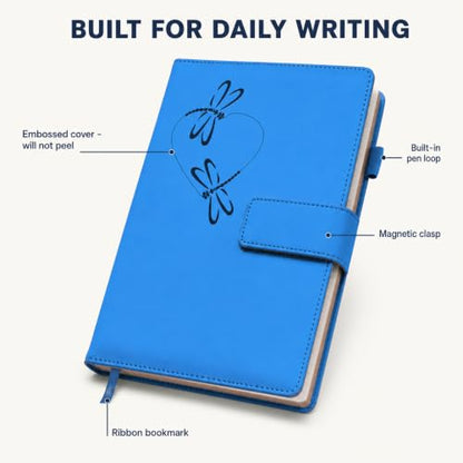 The Amazing Office Dragonfly Heart Refillable Journal, Light Blue Faux Leather, 200 Lined Pages, 5.75x8.5 Inch Notebook with Magnetic Clasp and Pen Holder, Writing Diary for Women and Men - color: Dragonfly-Heart Lt-Blue