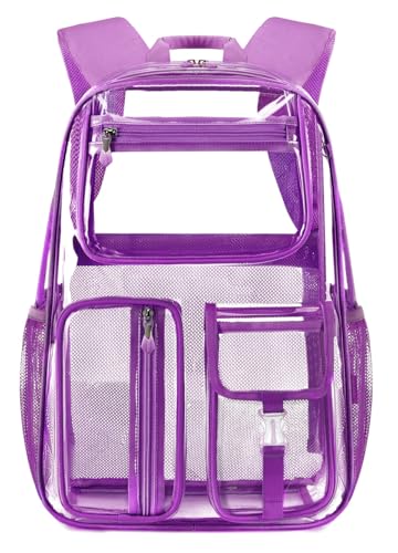 Clear Backpack Heavy Duty For Stadiums Events,16inch Purple TPU BookBag | See Through Plastic Stitch Durable Design 6-Pocket For School Girl Adults Work Airport Quick Security,Large capacity backpack - color: Dark Purple