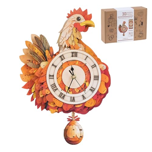 3D Wooden Puzzles for Adults, Hen Wall Clock DIY Set (with Pendulum), Beginner 29 Pcs Wooden Puzzles, Creative Gift Ideas for Adults Teens - color: Hen