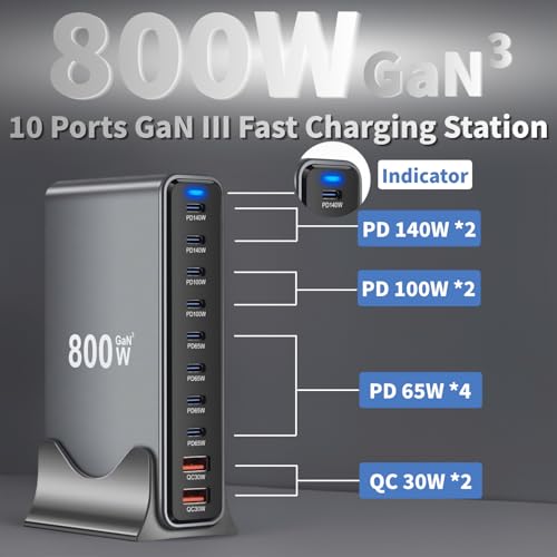 800W USB C Fast Charger Block, 10 Ports GaN III USB Chagring Station, Dual 140W PD PPS HUB for Multiple Devices, Laptop Adapter Compatible with MacBook Pro/Air iPad iPhone Pro Max, Galaxy, Dell, HP - size: 800W-8C2A