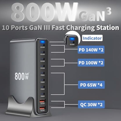 800W USB C Fast Charger Block, 10 Ports GaN III USB Chagring Station, Dual 140W PD PPS HUB for Multiple Devices, Laptop Adapter Compatible with MacBook Pro/Air iPad iPhone Pro Max, Galaxy, Dell, HP - size: 800W-8C2A