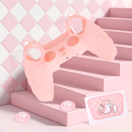 Pink Controller Skin Set for PS5, Cute Cat Paw Anti-Slip Silicone Cover Case for PS5 Wireless Controller Accessories Protective Shell with Thumb Grips & Touchpad Sticker, Girls Gamer Gifts