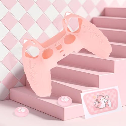Pink Controller Skin Set for PS5, Cute Cat Paw Anti-Slip Silicone Cover Case for PS5 Wireless Controller Accessories Protective Shell with Thumb Grips & Touchpad Sticker, Girls Gamer Gifts