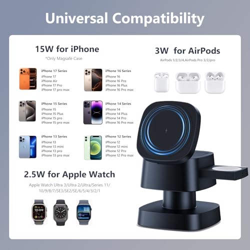 2026 Upgraded 4 in 1 Wireless Charger, 3 in 1 Wireless Charging Station with Night Light for MagSafe Charger, 15W Magnetic Travel Stand for iPhone17/Air/Pro/Max/16/15/14, Apple Watch, Airpods (Black) - color: black