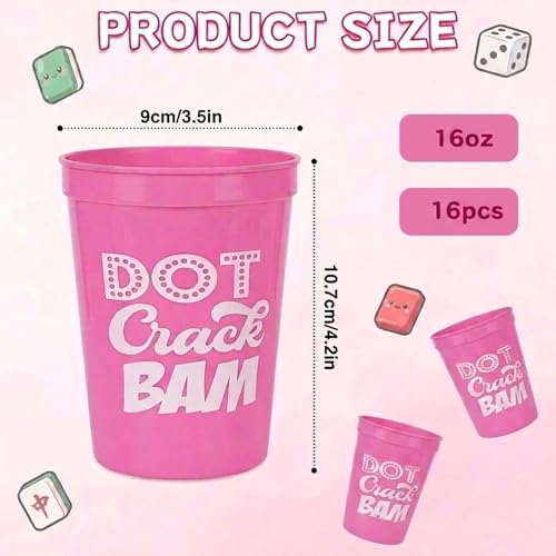 16Pcs Mahjong Plastic Cups Reusable 16oz DOT Crack BAM Party Supplies Themed Birthday Game Night (Pink)