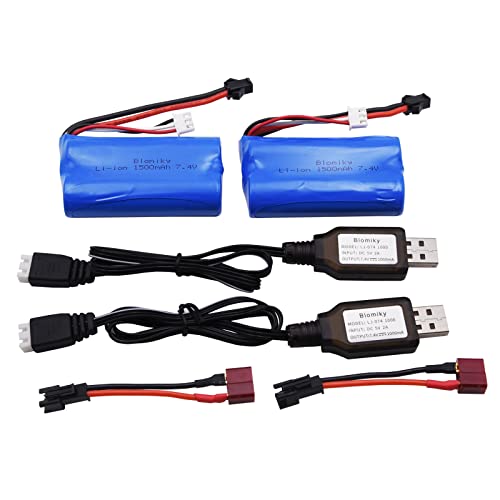 Blomiky 2 Pack 7.4V 1500mAh Li-ion Rechargeable Battery SM-2P Plug with T Adapter and USB Cable Suitable for H101 H103 H105 RC Boat RC Trucks / H101 Battery & T 2