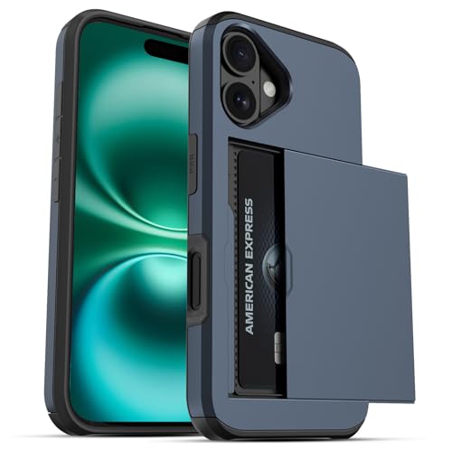 Jiunai for iPhone 16 Case Wallet Holds 2 Cards Slide Card Pocket Navy | Pocket for IDs Credit Access Cards License, Shockproof Protective Phone Cover for iPhone 16 6.1" Women Men Teen School Work - color: Navy, size: for iPhone 16 6.1''