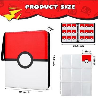 Card Binder 9 Pocket, 900 Pockets Extra Large Trading Card Binder with Zipper, PU Leather Waterproof Card Album Holder, 3-Ring Collectible Card Book for TCG, MTG, Game Cards，Red & White
