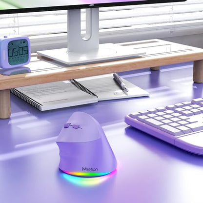 MEETION Left-Handed Wireless Ergonomic Vertical Mouse, Rechargeable -Purple | Dual Bluetooth 5.2/3.0 + USB, RGB lighting, 4 adjustable DPI, compatible with Windows, Mac, PC, iPad and tablets - color: Left Purple