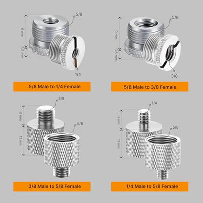 Mic Stand Adapter Set 8 pieces Metal Microphone Stand Screw Thread Adapter 5/8 Female to 3/8 Male 3/8 Female to 5/8 Male 5/8 Female to 1/4 Male 1/4 Female to 5/8 Male Tripod Adapter ADP03A Slvr - color: Silver