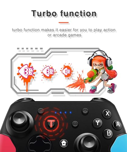Wireless Switch Pro Controller for Nintendo Switch with Adjustable Turbo Function,Dual Vibration Function,Gyro 6-Axis and High Battery Life. Remote Gamepad Joystick for Switch Console, Red&Blue