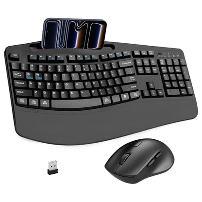 Wireless Keyboard and Mouse Combo, Full Size Ergonomic Wave Keys(Black) | 2.4G Ergonomic Keyboard with Wrist Rest, Phone Holder, 3-Level DPI Silent Mouse with 6-Buttons, for Windows/Mac OS/Laptop/PC - color: Black