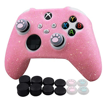 RALAN Glitter Controller Skin for Xbox Series, Anti-Slip Silicone Controller Cover Protector Case Compatible for Xbox Series Gamepad Joystick with 4 Cat Caps and Black Pro Thumb Grip x 8. - color: Pink