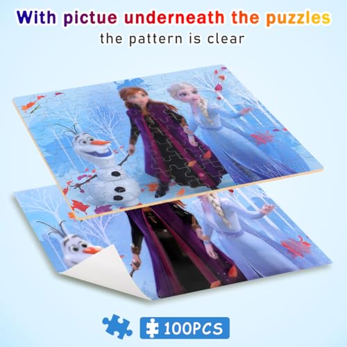 Puzzles for Kids Ages 4-8,Kids Puzzls in a Metal Box,Winter Princess Snowman Small Puzzes,Kid Boys Girls Learning Educational Puzles Packed in Tin Box,100 Pieces - color: Blue100