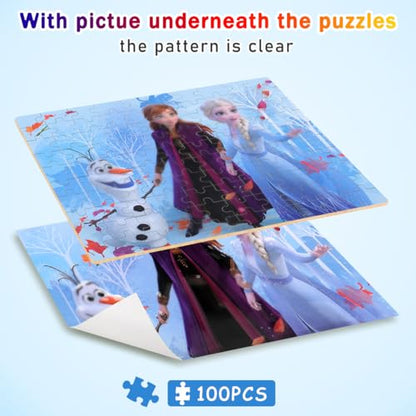 Puzzles for Kids Ages 4-8,Kids Puzzls in a Metal Box,Winter Princess Snowman Small Puzzes,Kid Boys Girls Learning Educational Puzles Packed in Tin Box,100 Pieces - color: Blue100