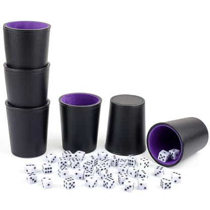 Felt-Lined PU Leather Dice Cup Set, 6 Quiet Dice Shaker Cups with 36 Dices for Bar Party Yahtzee Farkle Dice Games, Purple - color: Purple