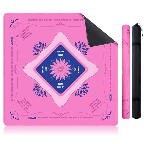 KUNTE Mahjong Mat for Table, Pink, 32x32 Inch | American Mahjong Mat with Printed Rules, Non-Slip, Quiet and Foldable, Includes Portable Tote Bag - color: Pink