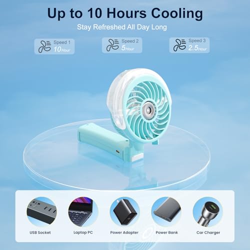 HandFan Upgraded Portable Handheld Misting Fan, Rechargeable Personal Mister Fan, Spray Water Mist Fans, Foldable Electric Mini Cooling Fans for Beach Travel Disney Makeup(Light Blue) - color: Light Blue, style: HF318C