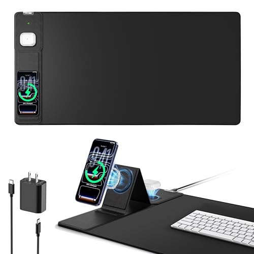 Mouse Pad with Magnetic Wireless Charging & Adjustable Phone Stand, 31.5"x15.8" Extended Desk Mat, Waterproof Ultra-Smooth Keyboard Pad, Non-Slip Base, with 20W PD Adapter, Black - color: Black-Magnetic Stand-31.5"x15.8"-Adapter