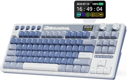 RK ROYAL KLUDGE M87 Wireless Gaming Keyboard with Screen & Dual Knobs, Blue | Bluetooth/2.4G/Wired, Hot Swappable Cream Switches, 5-Layer Noise Dampening Gasket Structure,Compact 75% Size for PC/WIN/Mac - color: Blue