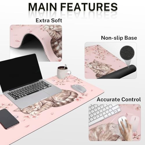 Arttown Keyboard Mouse Pad Set, 4 in 1 Desk Mat Set Kawaii Cat | Floral Pink Large Mousepad+Keyboard Wrist Rest+Mouse Wrist Rest+Coaster Ergonomic Design for Home Office Computer - color: Cat Pink Floral