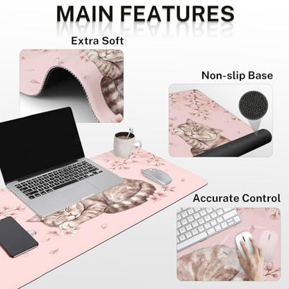 Arttown Keyboard Mouse Pad Set, 4 in 1 Desk Mat Set Kawaii Cat | Floral Pink Large Mousepad+Keyboard Wrist Rest+Mouse Wrist Rest+Coaster Ergonomic Design for Home Office Computer - color: Cat Pink Floral