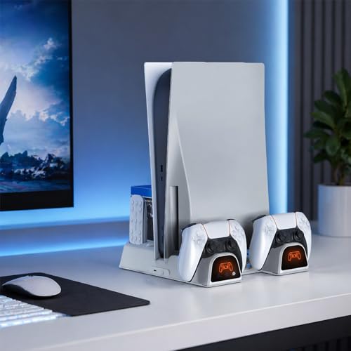 Cooling Station for PS5/Slim/Pro/Disc&Digital | Cooling Stand with Dual PS5 Controller Charging Station, 3 Levels Cooling Fan Multi-Function PS5 Accessories Slot and USB Hub - color: White 2