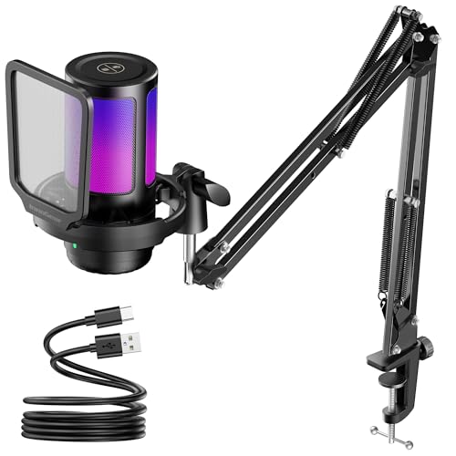 InnoGear Gaming USB Microphone, Noise Cancellation Condenser Mic with Mute, Gain, RGB Indicator, Boom Arm Stand for Streaming, Podcast, Twitch, YouTube, Discord, PC, Computer, PS4, PS5, Mac, Black - color: Black