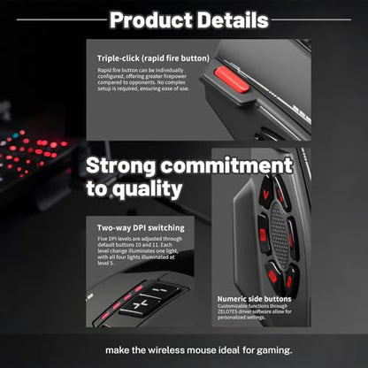 Wireless Gaming Mouse, RGB Dual Mode Bluetooth Mouse Up 24,000 DPI, 13 Macro Programmable Buttons, Optical Computer Mouse 50Hrs for PC Laptop MOBA FPS, PMW-3311, Comfort Grip (Black)