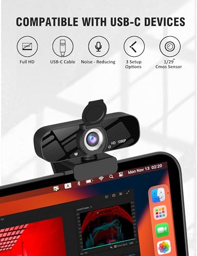 Tewiky Full HD Webcam with Built-in Microphone and Rotatable Tripod, 1080P Video and Wide Angle Camera, Privacy Cover, for Desktop PC or Laptop Computer - style: 1080P Webcam with Type-C Cable