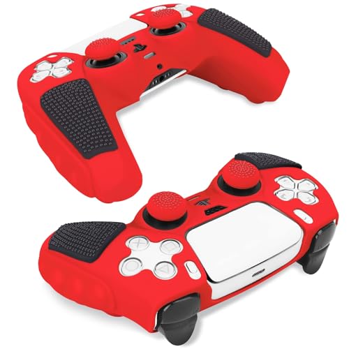 SIKEMAY Anti-Slip PS5 Controller Skin, Soft Thicken Non-Slip Studded Silicone Gel Grip Protective Cover Case for PlayStation 5 Controller Grip, 2 Pack with 8 x Thumb Grip Caps - color: Red-Black