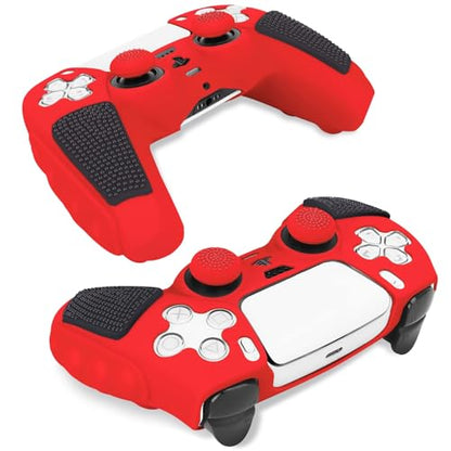 SIKEMAY Anti-Slip PS5 Controller Skin, Soft Thicken Non-Slip Studded Silicone Gel Grip Protective Cover Case for PlayStation 5 Controller Grip, 2 Pack with 8 x Thumb Grip Caps - color: Red-Black