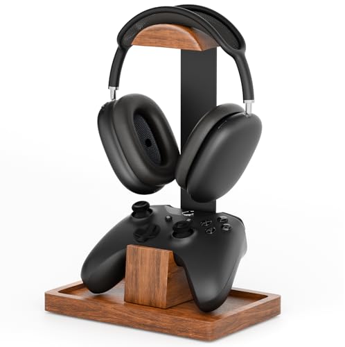 Headphone Stand and Controller Holder, 2-in-1 Walnut Wood Gaming Desk Organizer Compatible with Controllers, Display Mount for AirPods Max, Bose, Sennheiser, Gift for Gamers