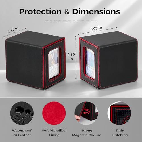 MTG Commander Deck Box with Dual Display Windows and Dice Tray | Fits 100 Double-Sleeved Cards, PU Leather, 2 Magnetic Card Holders, 2 Dividers, Black & Red - color: 2. Black & Red