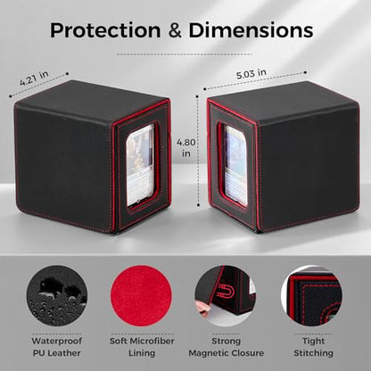MTG Commander Deck Box with Dual Display Windows and Dice Tray | Fits 100 Double-Sleeved Cards, PU Leather, 2 Magnetic Card Holders, 2 Dividers, Black & Red - color: 2. Black & Red