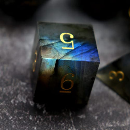 Haxtec Moonstone Dice Labradorite Gemstone Polyhedral DND Dice Set with Premium Dice Case Compatible with Dungeons and Dragons Role Playing Board Games D&D Gift - color: Black Blue Green