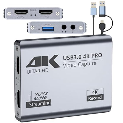 USB 3.0 4K Video Capture Card for PS5/Switch/Xbox/PC | 1080P60Hz/2K30Hz/4K18Hz Capture, 4K60Hz HDMI Loop-Out, High-Speed Interface, OBS Compatible, Near-Zero Latency, Plug & Play
