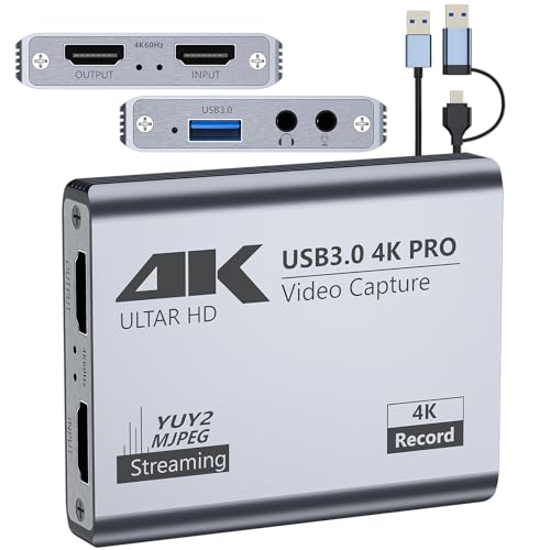 USB 3.0 4K Video Capture Card for PS5/Switch/Xbox/PC | 1080P60Hz/2K30Hz/4K18Hz Capture, 4K60Hz HDMI Loop-Out, High-Speed Interface, OBS Compatible, Near-Zero Latency, Plug & Play
