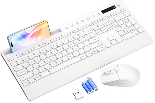 Trueque Wireless Keyboard and Mouse Combo, Full Size with Palm Rest | Quiet Typing, Phone Holder, Multimedia Keys, Power Switches, Batteries Included, 2.4GHz USB, KM31 Set for Windows, ChromeOS - color: Snow White
