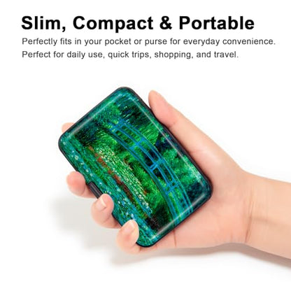 Credit Card Holder Small RFID Blocking Wallet Business Metal Slim Mini Aluminum Hard Case for Women Men - color: Japanese Bridge and Water Lily Pond