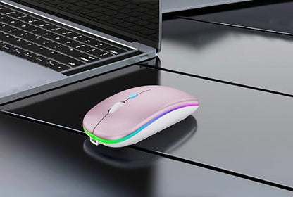 WREANU Wireless Bluetooth Mouse Rechargeable Laptop Mice with LED Lights Silent Slim Use(BT5.2 and 2.4G Portable USB Receiver) Dual Mode Computer Mouse for Laptop/iPad/Tablet/Apple/Computer/Mac(Pink) - color: Pink