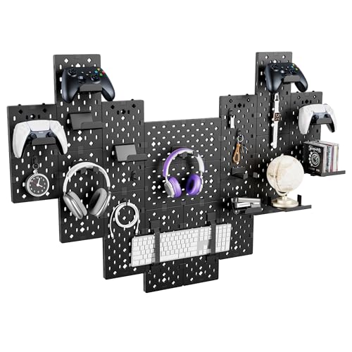 PEGZONE Controller and Headphone Holder Wall Mount, Modular Gaming Pegboard with Accessories, Controller Stand, Disc Shelf Organizer, 14pcs, Black - color: Black, size: 14 PCS