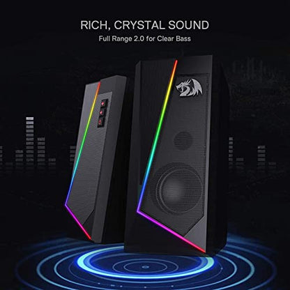 Redragon GS520 Wired 2.0 Channel Stereo Sound Desktop RGB Computer Speakers | Enhanced Auido Quality, Plug & Play USB Powered PC Gaming Speaker, 6 Colorful Backlight Modes, Easy-Access Volume Control - color: Black