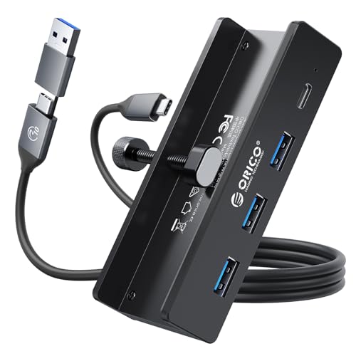 ORICO USB Hub 3.0, Clamp USB Hub with Extra Power Supply Port, Aluminum 4-Port USB Adapter with 3 USB-A Data Ports, USB-C Port for Monitors, Desks (Black) - color: Black