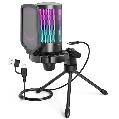 FIFINE Gaming USB Microphone for PC PS5, Condenser Mic with Quick Mute, RGB Indicator, Tripod Stand, Pop Filter, Shock Mount, Gain Control for Streaming Discord Twitch Podcasts Videos- AmpliGame - color: Black