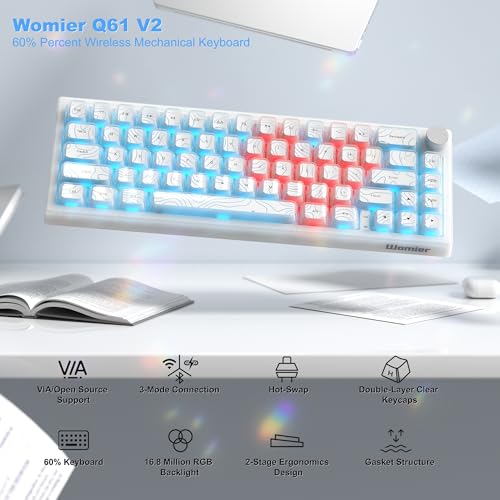 Womier 60% Keyboard Gaming, Wireless Mechanical Creamy Keyboard QMK/VIA | Topographic Hot-Swappable BT5.0/2.4G/USB-C RGB Key board Double-Layer Clear Keycaps for Mac/Win/Gaming (Q61 V2) - color: C-White Transparency