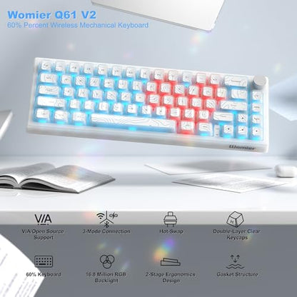 Womier 60% Keyboard Gaming, Wireless Mechanical Creamy Keyboard QMK/VIA | Topographic Hot-Swappable BT5.0/2.4G/USB-C RGB Key board Double-Layer Clear Keycaps for Mac/Win/Gaming (Q61 V2) - color: C-White Transparency