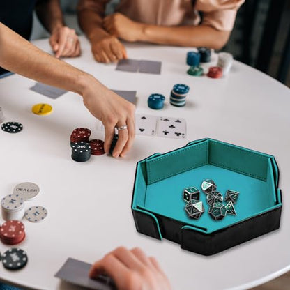 SIQUK Magnetic Folding Dice Tray Hexagon Dice Rolling Tray PU Leather Dice Trays Foldable Dice Holder Dice Rolling Mat Storage Box for D&D RPG Dice Games, Cyan - color: Cyan