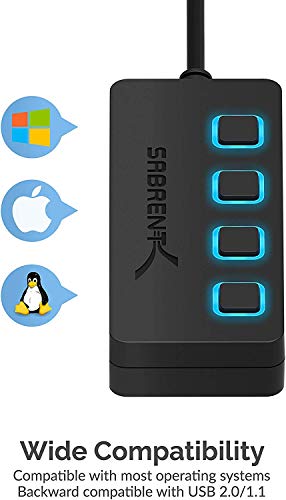 SABRENT 4 Port USB 2.0 Data Hub with Individual LED lit Power Switches [Charging NOT Supported] for Mac & PC (HB-UMLS) - size: USB-A 4-Port